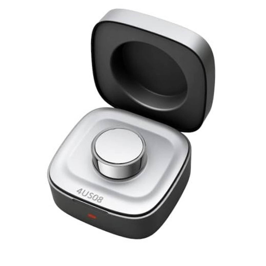 Smart ring charger case with open lid and charging dock, silver and dark gray