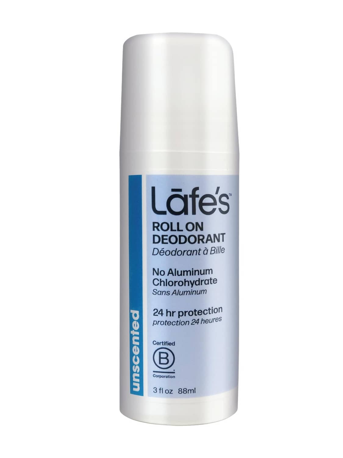 Lafe's natural roll-on deodorant, unscented aluminum-free 3 fl oz white bottle