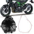 Black alternator stator cover with gasket seal, red outline, shown with motorcycle parts