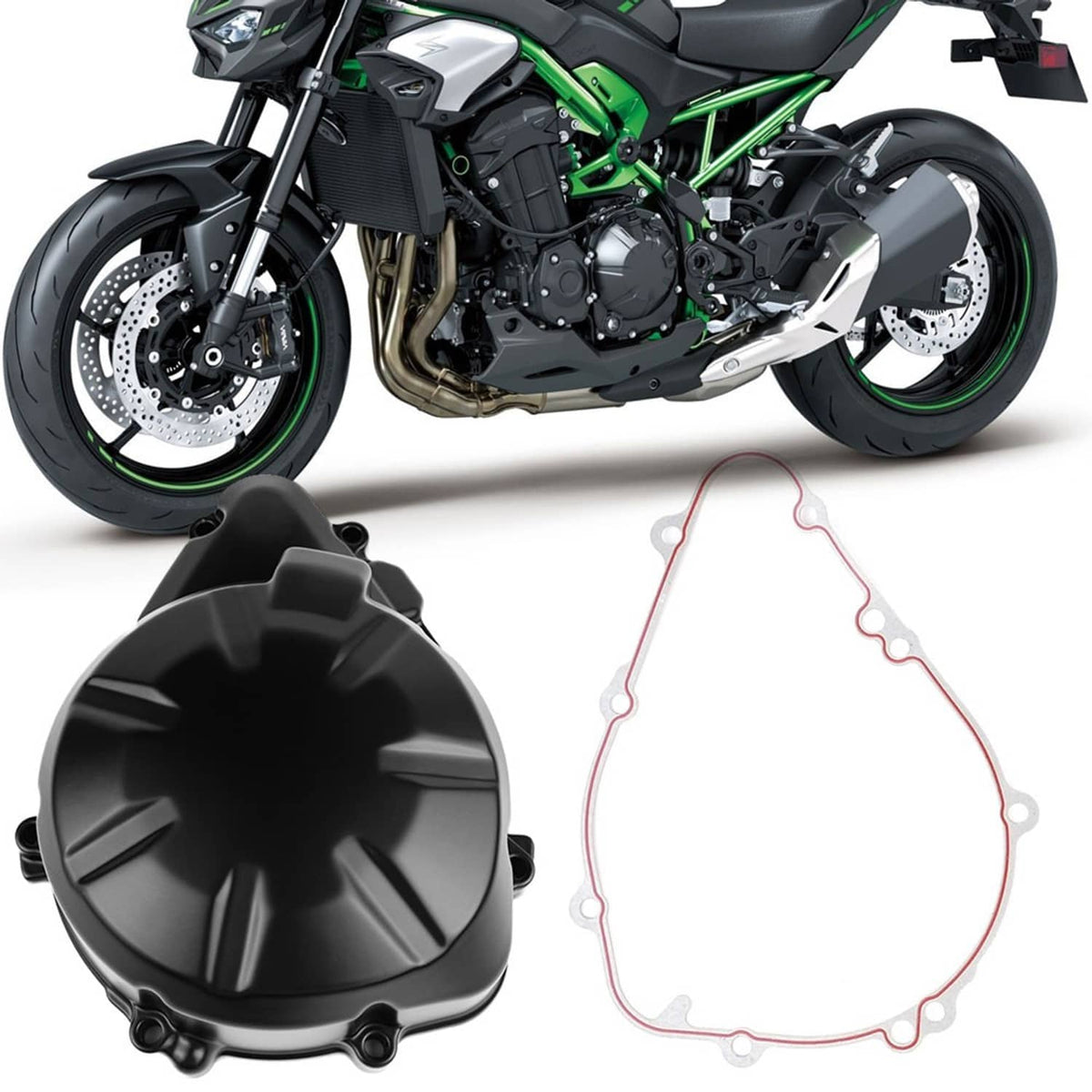Black alternator stator cover with gasket seal, red outline, shown with motorcycle parts