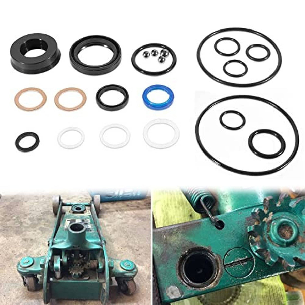 Floor jack seal kit: assorted O-rings, seals, and large oval gasket