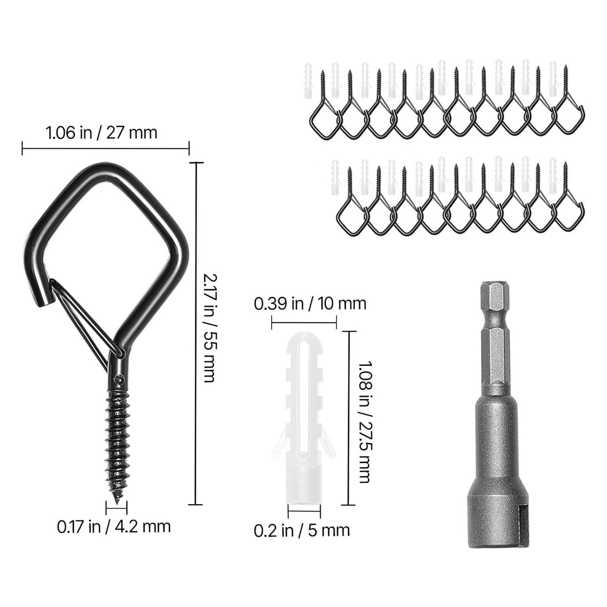 Black Q-shaped screw hook dimensions diagram with driver bit and packaged hooks