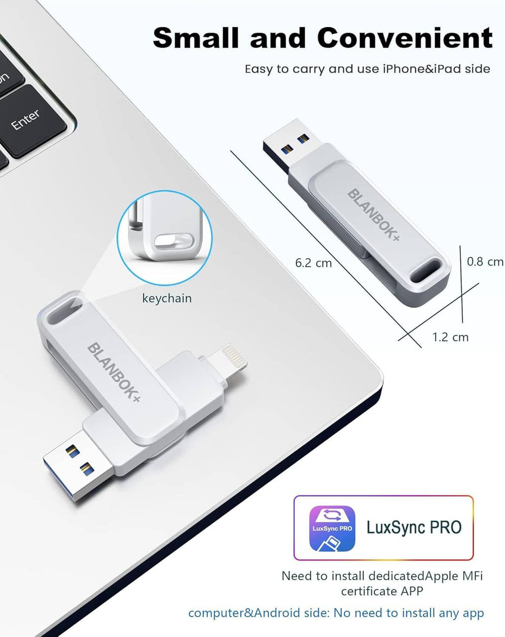 Compact gray BLANBOKX flash drive with keychain loop and USB connector