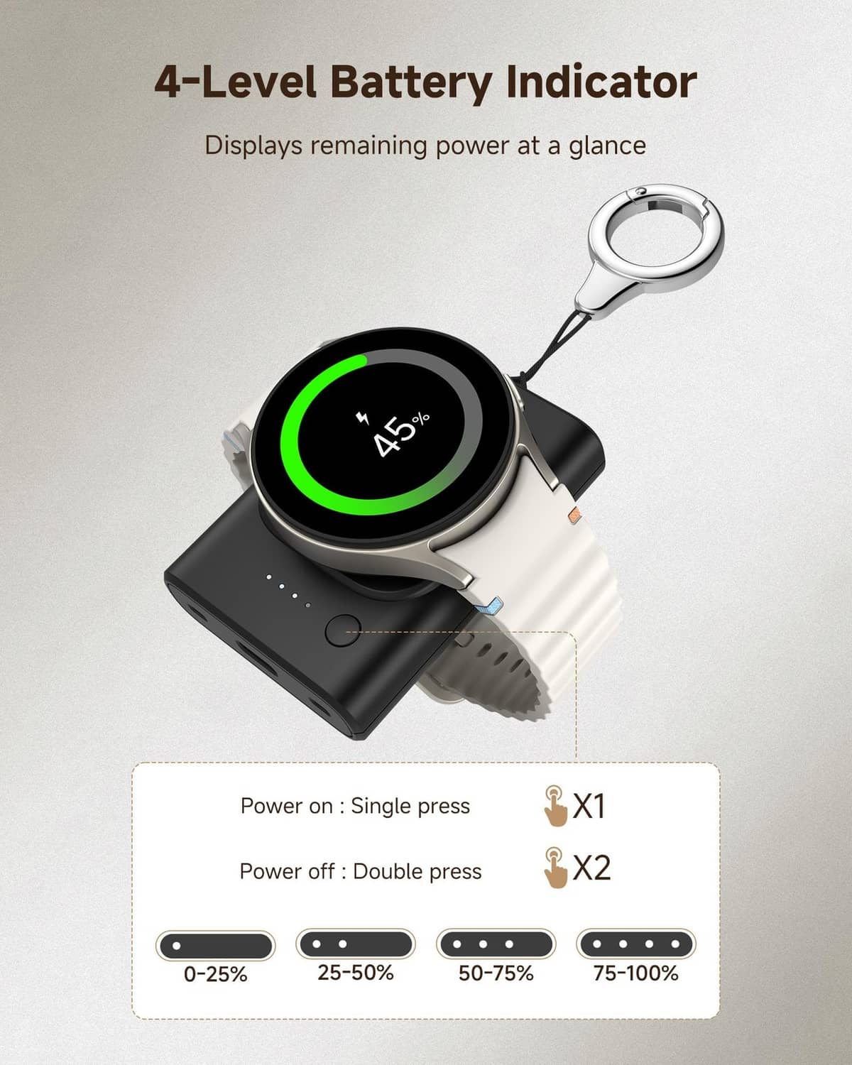 Portable watch charger with green battery indicator ring and cable, black module