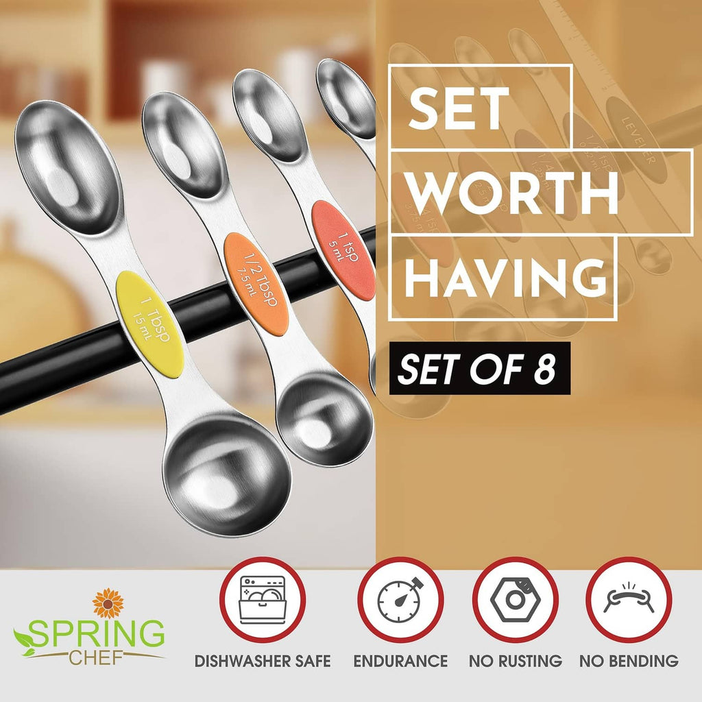 Stainless steel measuring spoons set on black handles with colored size labels