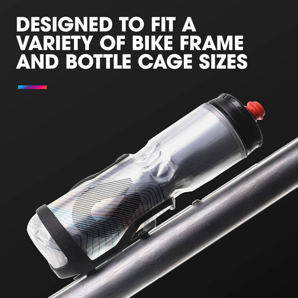 Insulated bike water bottle with red cap designed for bottle cage fit
