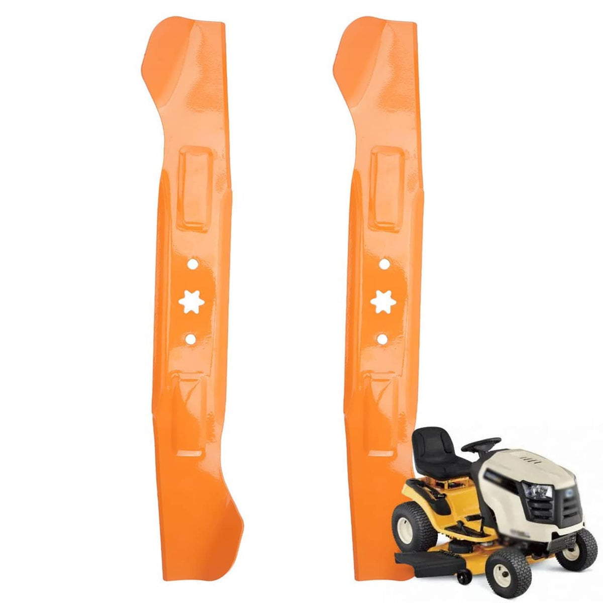 Orange 6-point star mower blades, 2-pack, upright with mounting holes