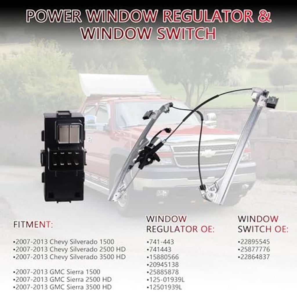 Power window regulator and window switch assembly with two motorized lift rails