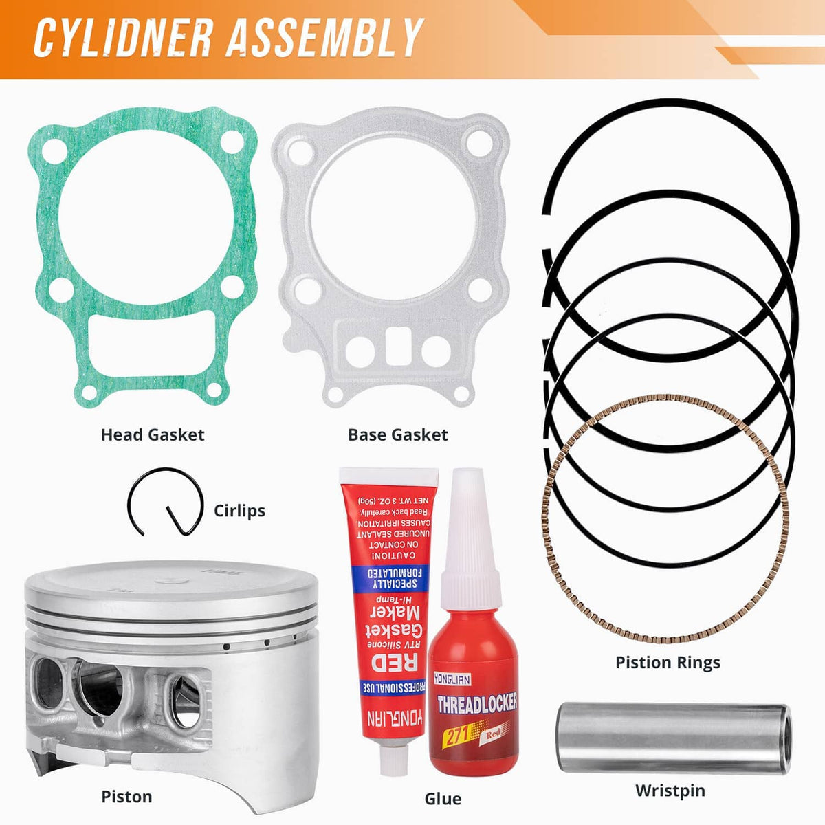 ATV gasket and piston rings parts layout with piston pin, glue, and circlips