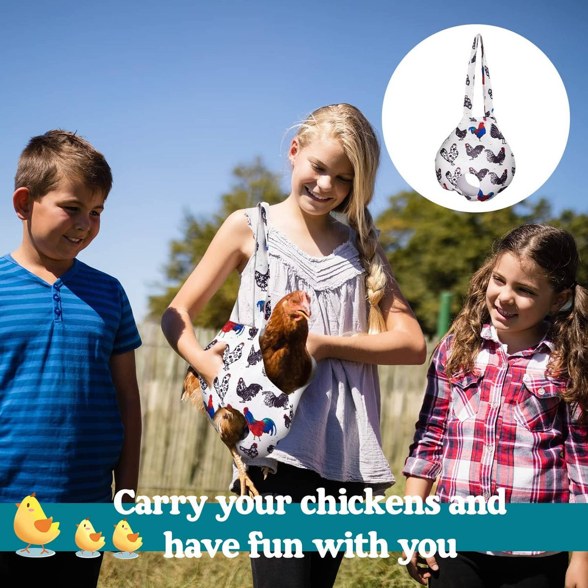 Chicken carrier tote with white chicken print, held by top handles on a person