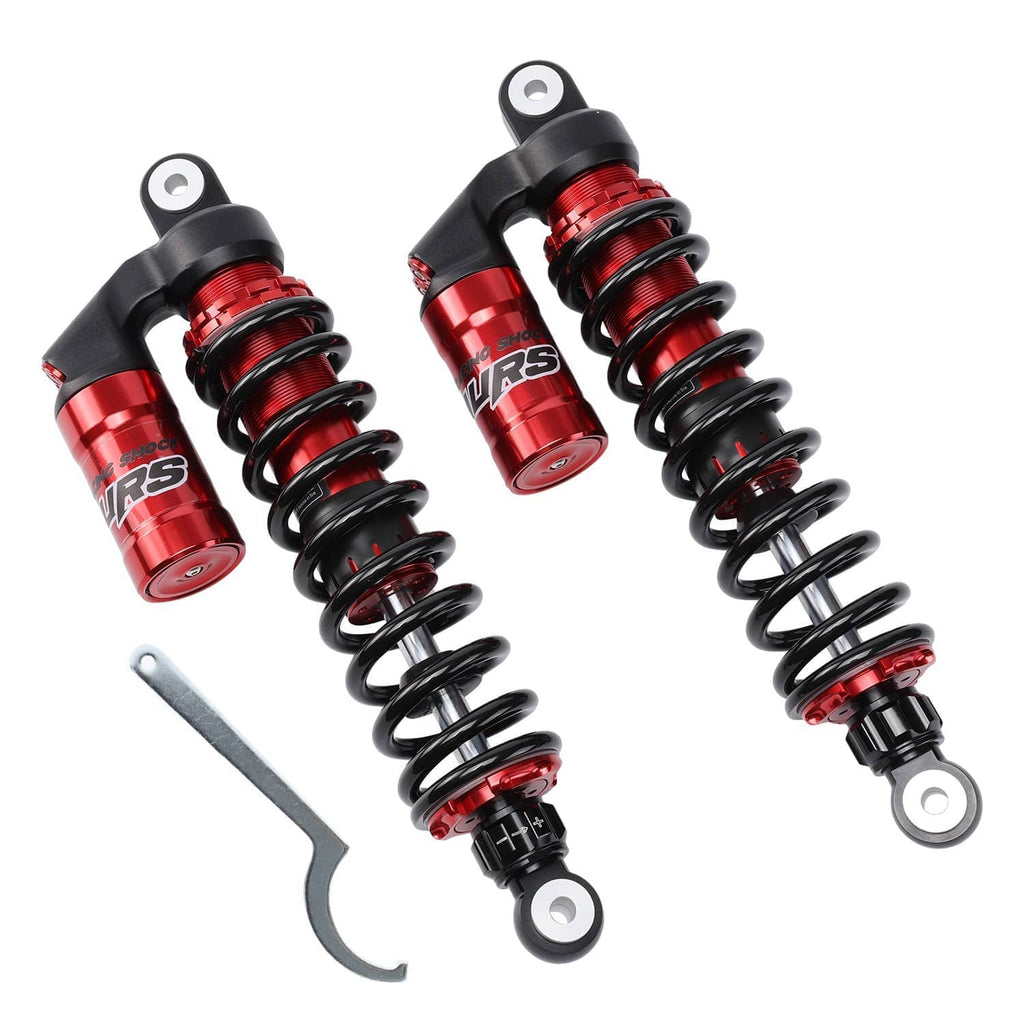 Red and black ATV front shock absorbers with coil springs and mounting hardware, set of 2