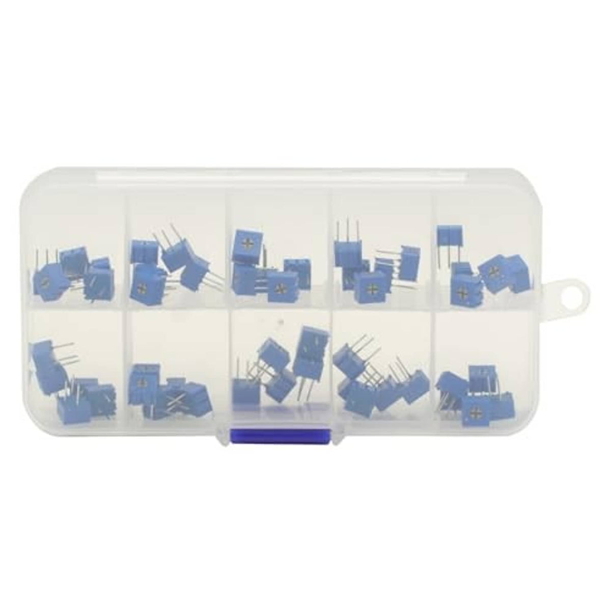 Closed clear case showing blue 3-pin potentiometer trimmers through window compartments