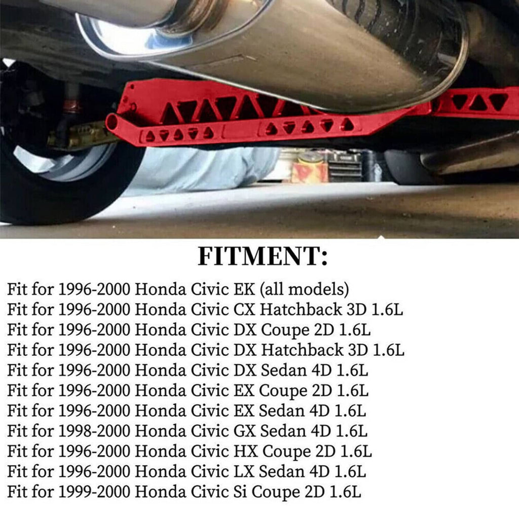 Red rear brace bar with triangular cutouts shown under vehicle