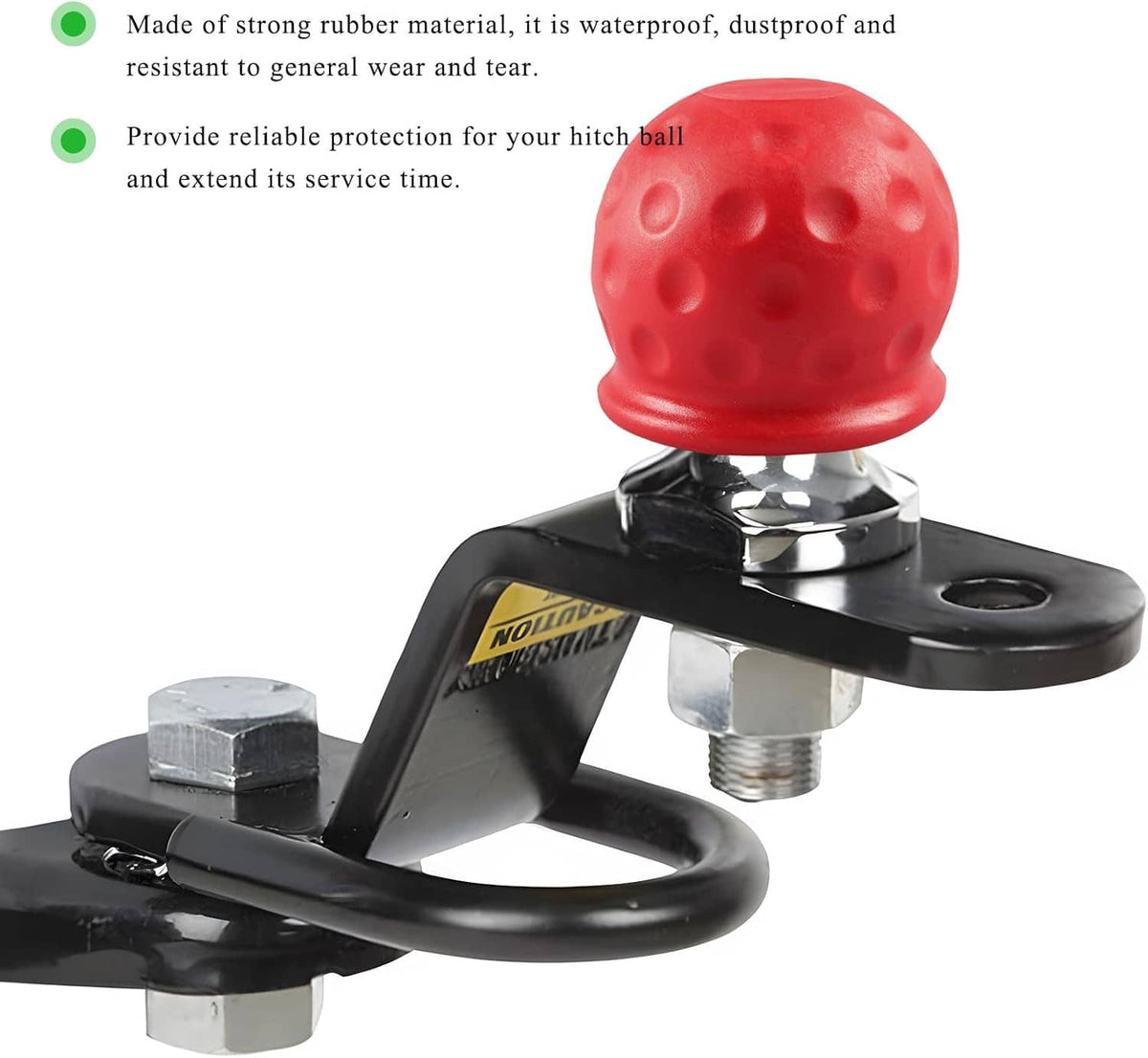 Red rubber towball cover on black trailer hitch bracket with metal bolts and ball stem