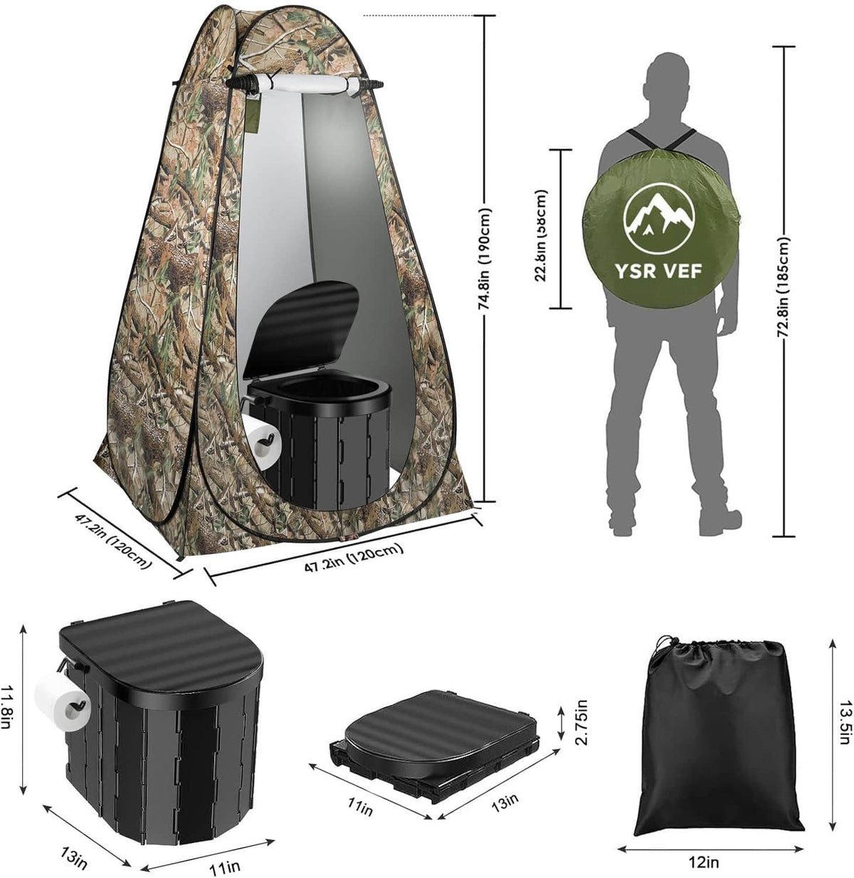 Camouflage pop-up privacy tent with portable camping toilet and fold-up lid