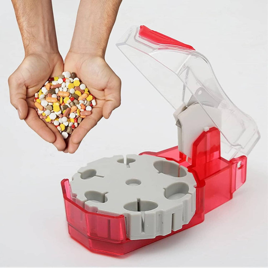 Red and clear pill cutter with hand holding mixed-color tablets