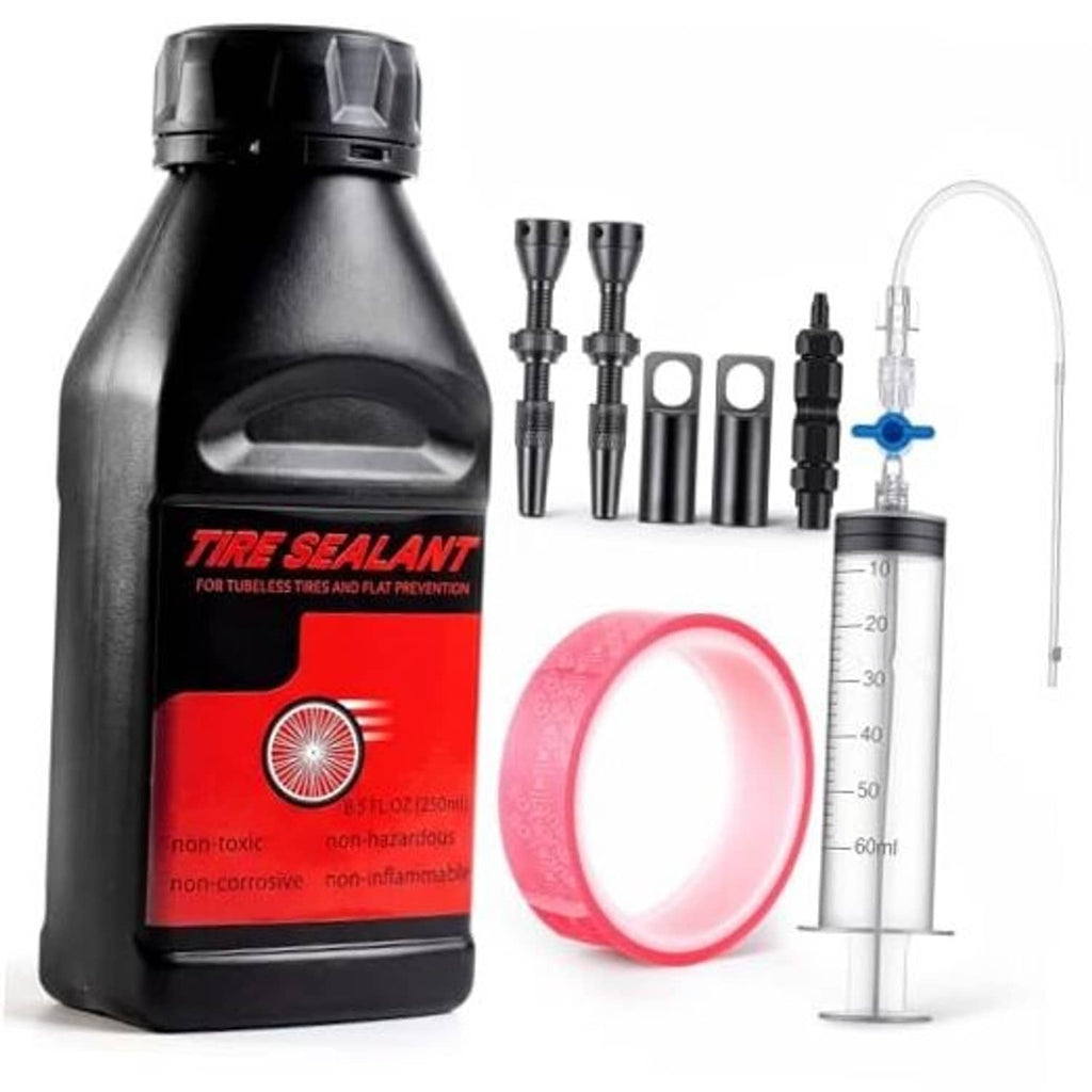 Tubeless tire sealant conversion kit: black sealant bottle, syringe, rim tape, valve tools