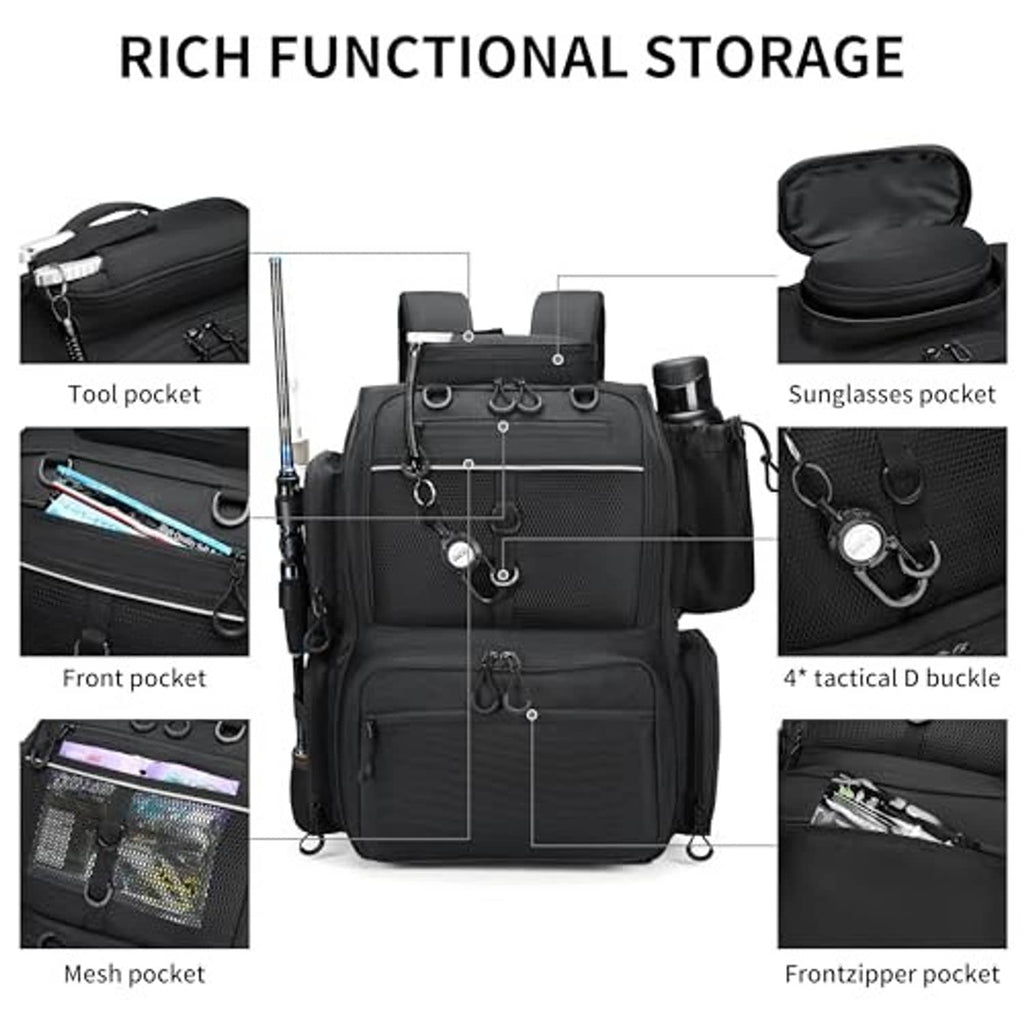Black fishing tackle backpack with multiple front pockets, tool loops, and zip closures