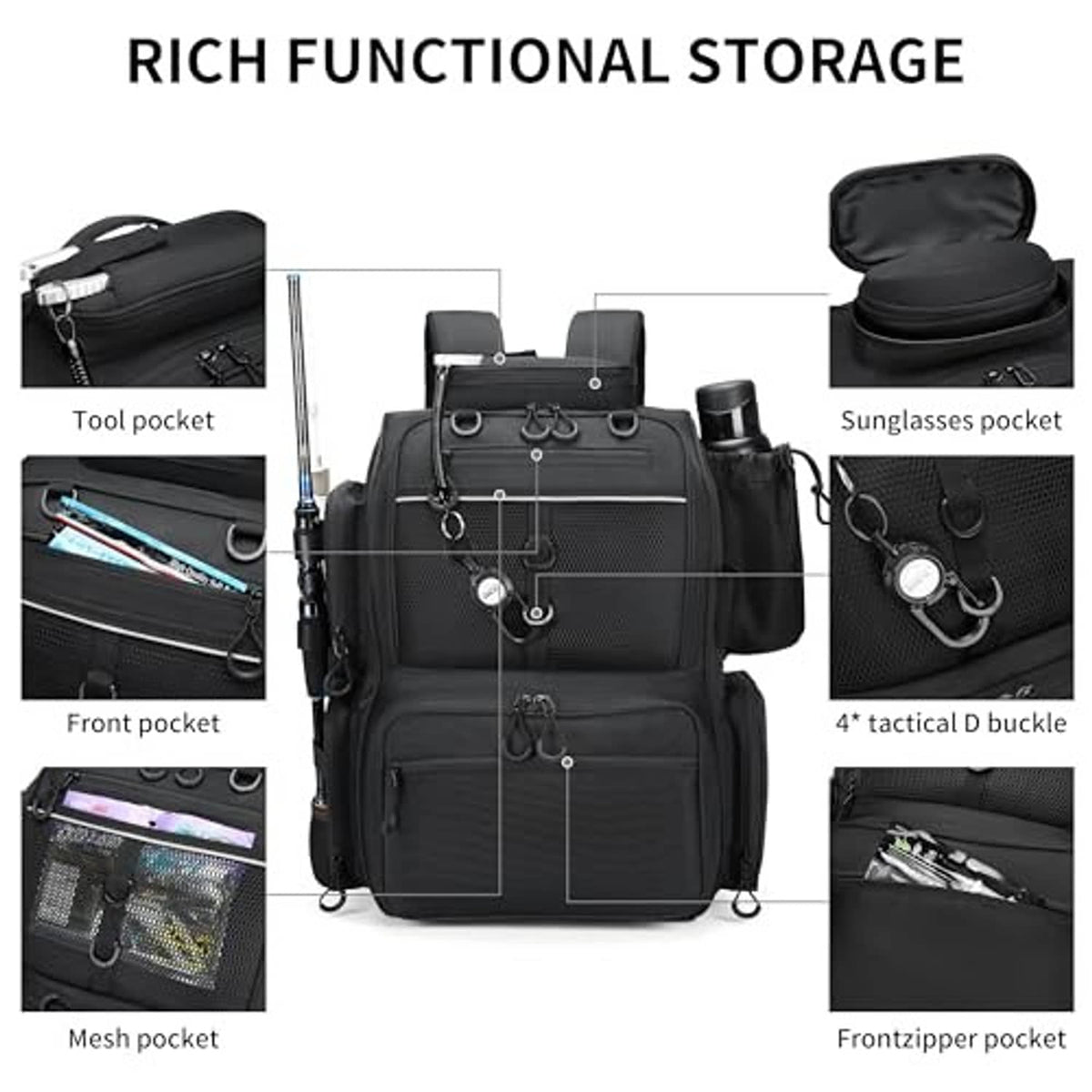 Black fishing tackle backpack with multiple front pockets, tool loops, and zip closures