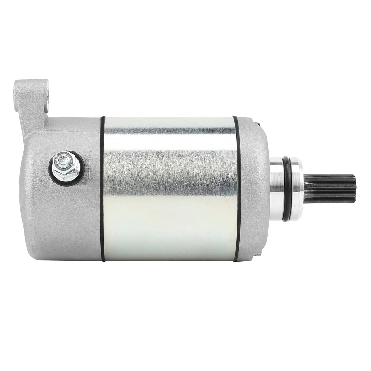 ATV starter motor cylindrical housing with black ring and exposed output splines