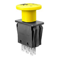 Yellow PTO switch with black housing and metal electrical pins, front view