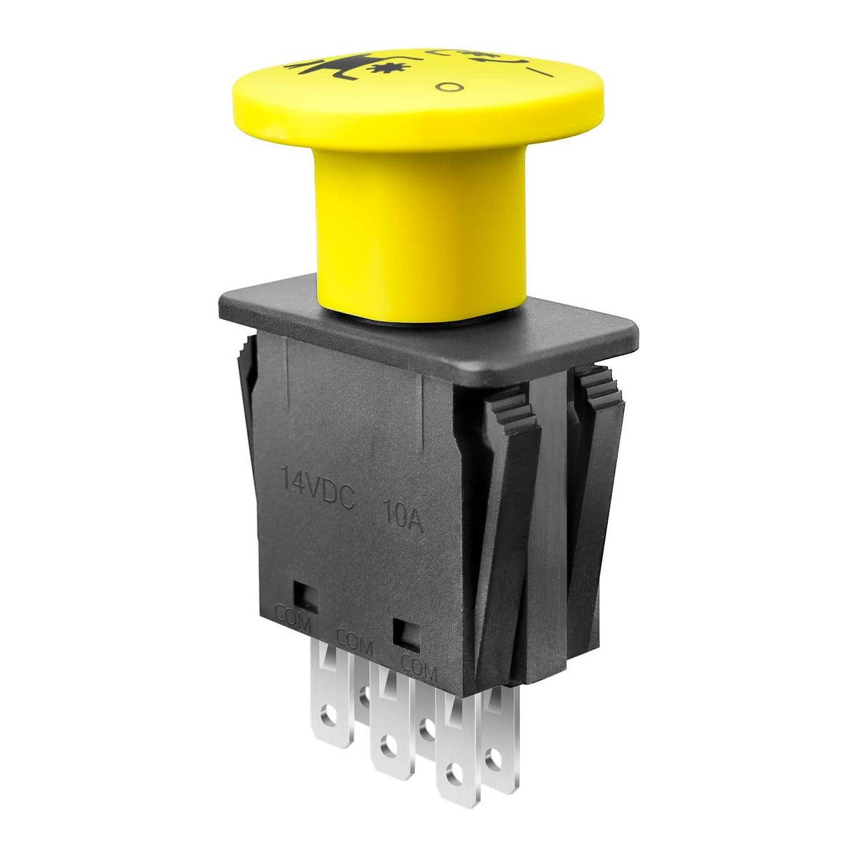 Yellow PTO switch with black housing and metal electrical pins, front view