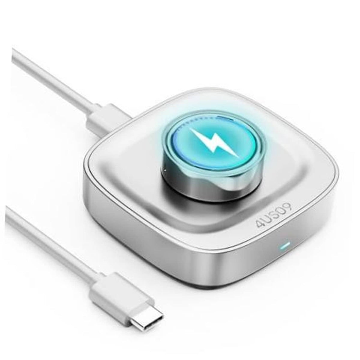 Oura Ring Gen 4 charging dock with USB-C cable, silver base and glowing blue ring