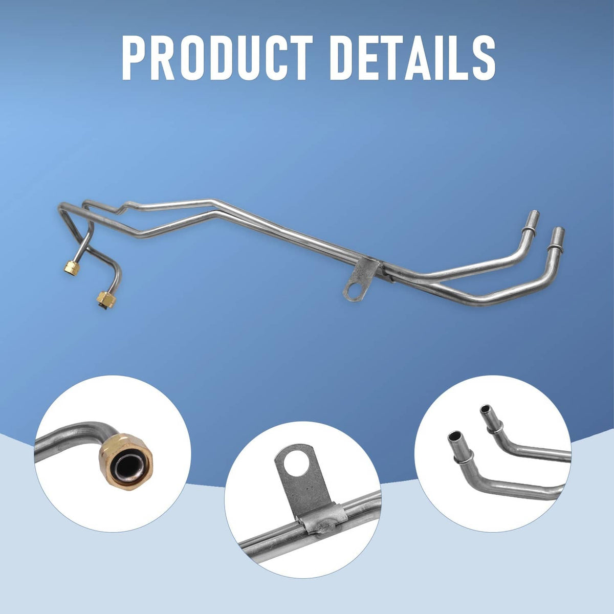 Diesel fuel return line assembly detail view with bracket and three pipe sections