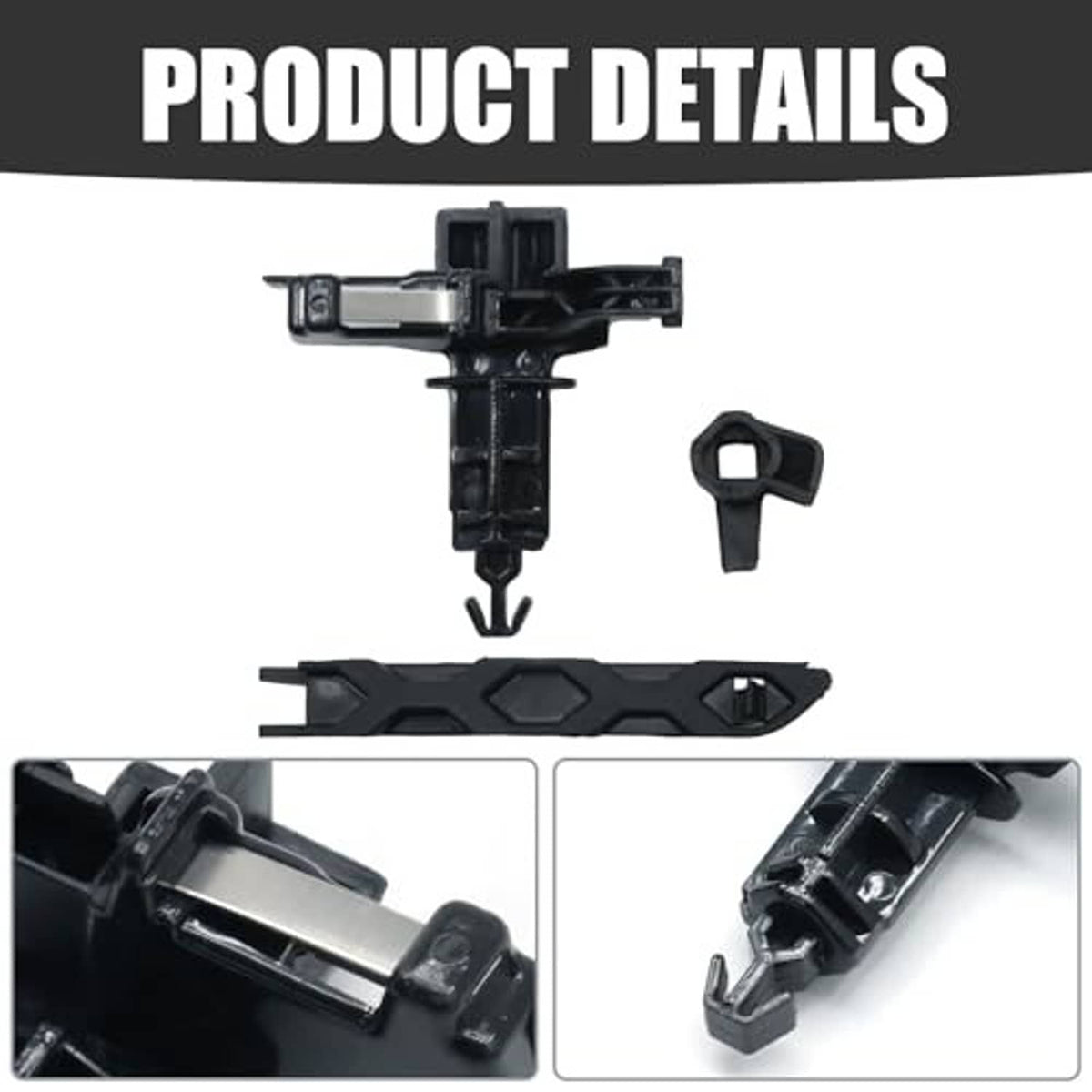 Black hood latch locking mechanism with release handle and side rail detail