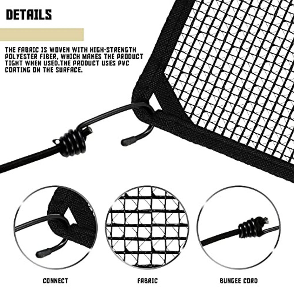 Square mesh vinyl cover panel with black bungee cord ties and loops
