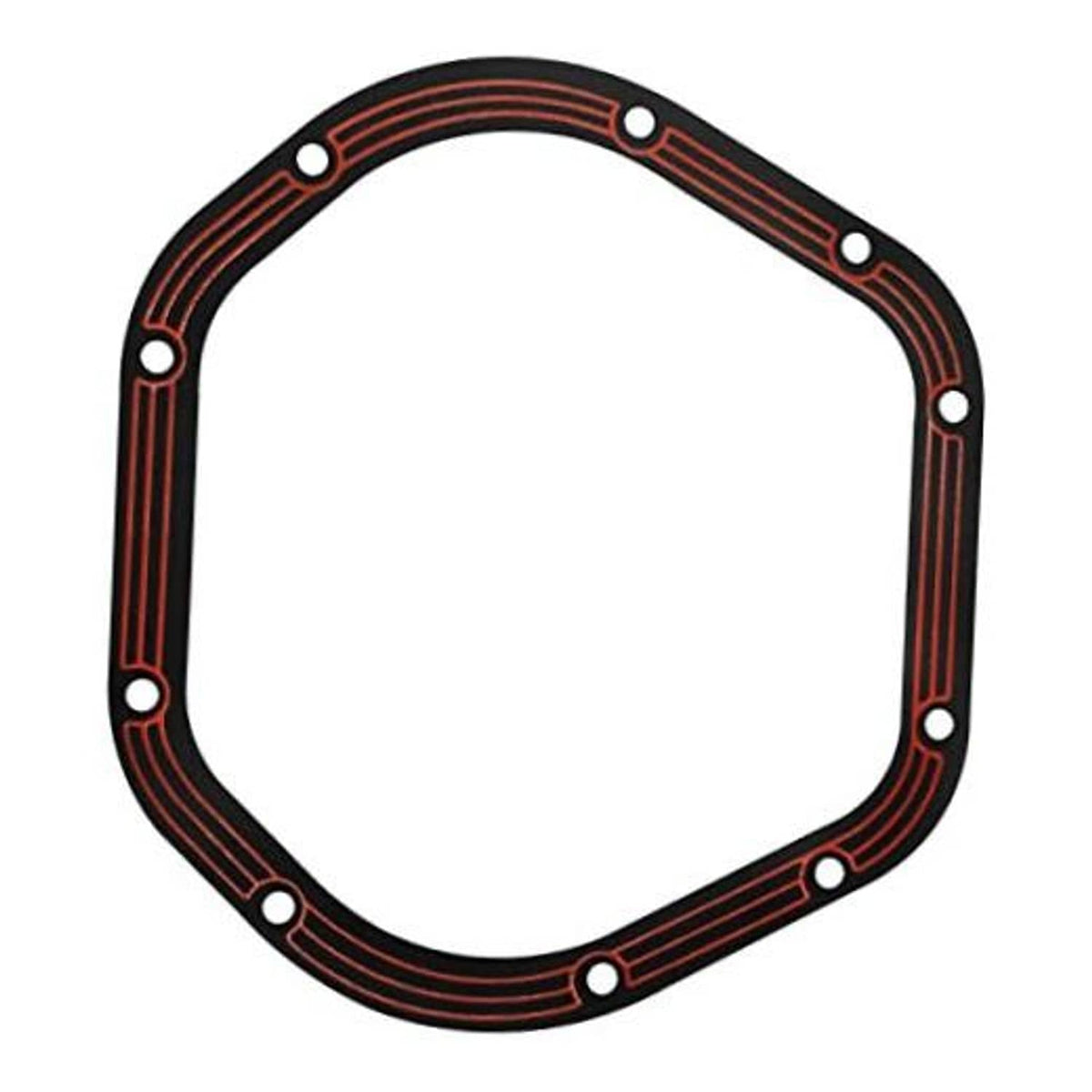 Differential cover gasket, black with red stripe, round bolt holes around the edge