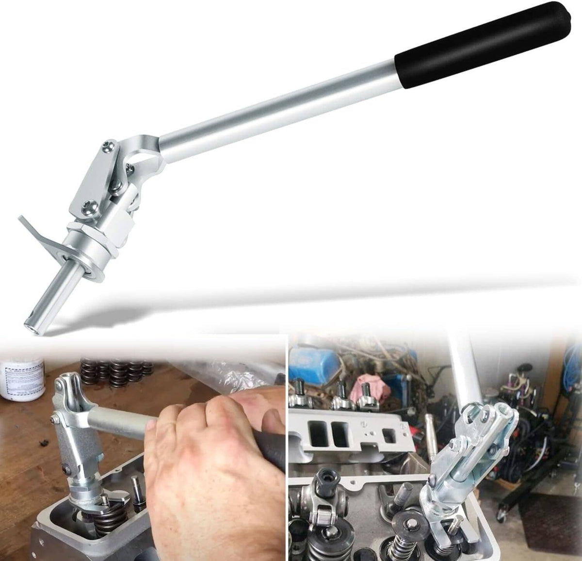 Valve spring compressor tool with black grip handle and silver metal clamp arms