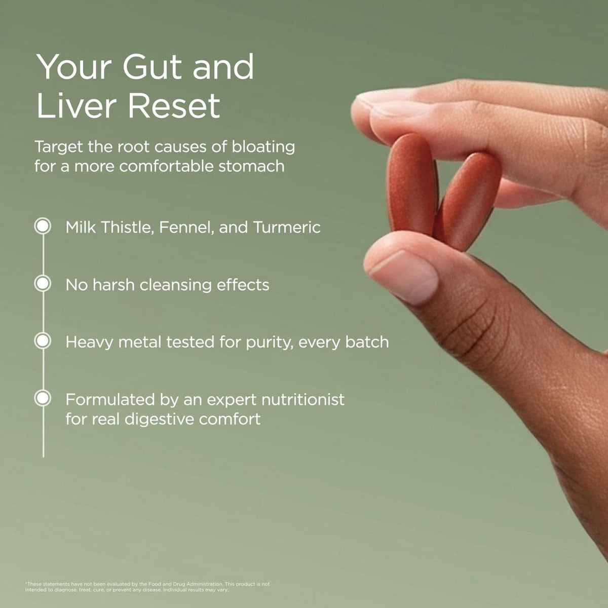 Digestive reset infographic with ingredient bullet list and hand graphic