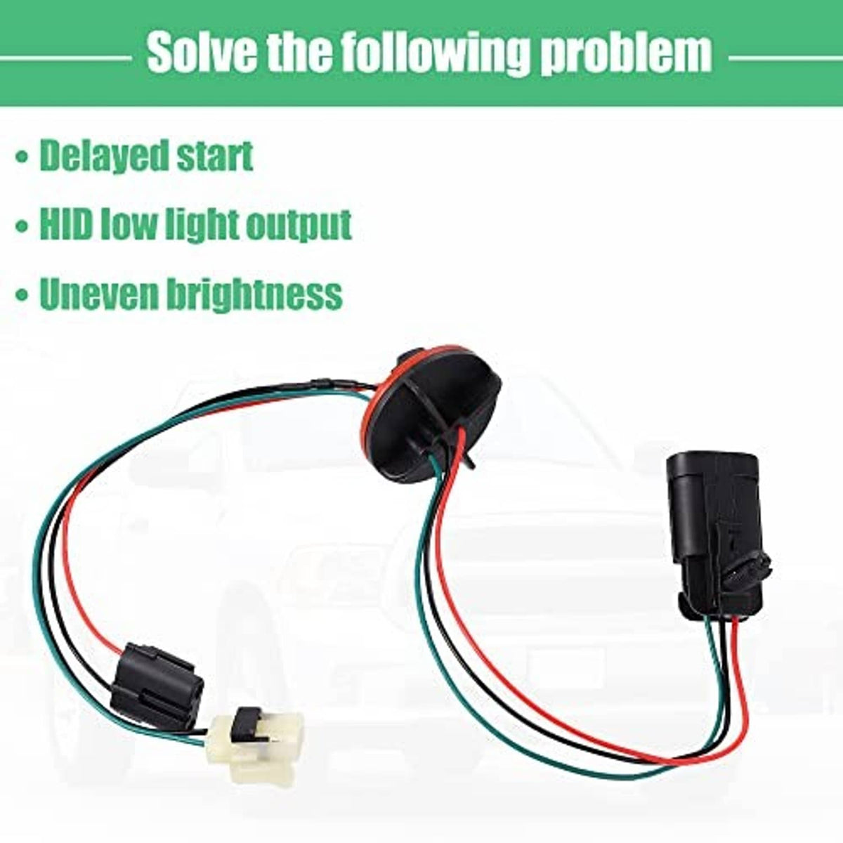 Headlight wiring harness with bulb socket and two plug connectors, colored wire leads