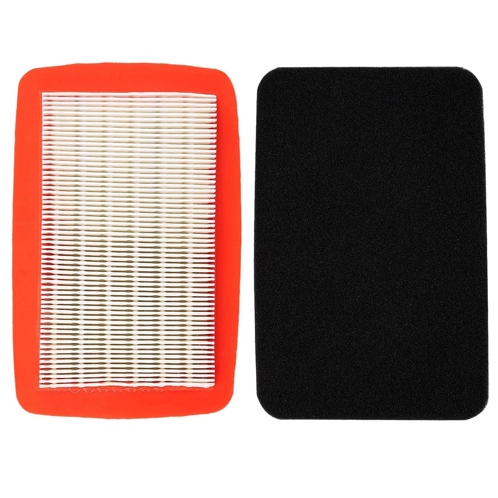 Air filter set with red-framed pleated paper filter and black foam prefilter