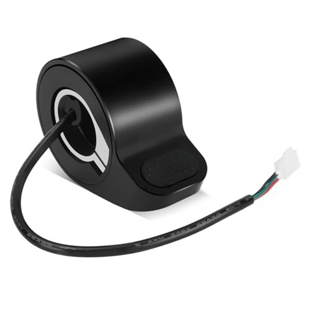 Black thumb throttle base with textured pad and attached cable, white connector