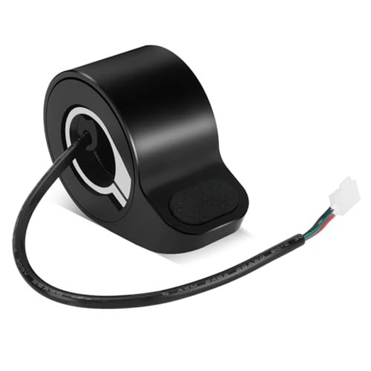 Black thumb throttle base with textured pad and attached cable, white connector