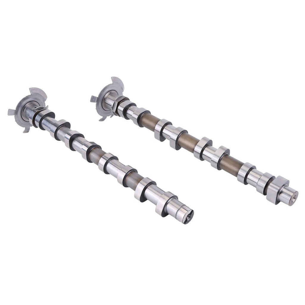 Camshaft pair shown diagonally, with steel shafts, black rings, and front flanges