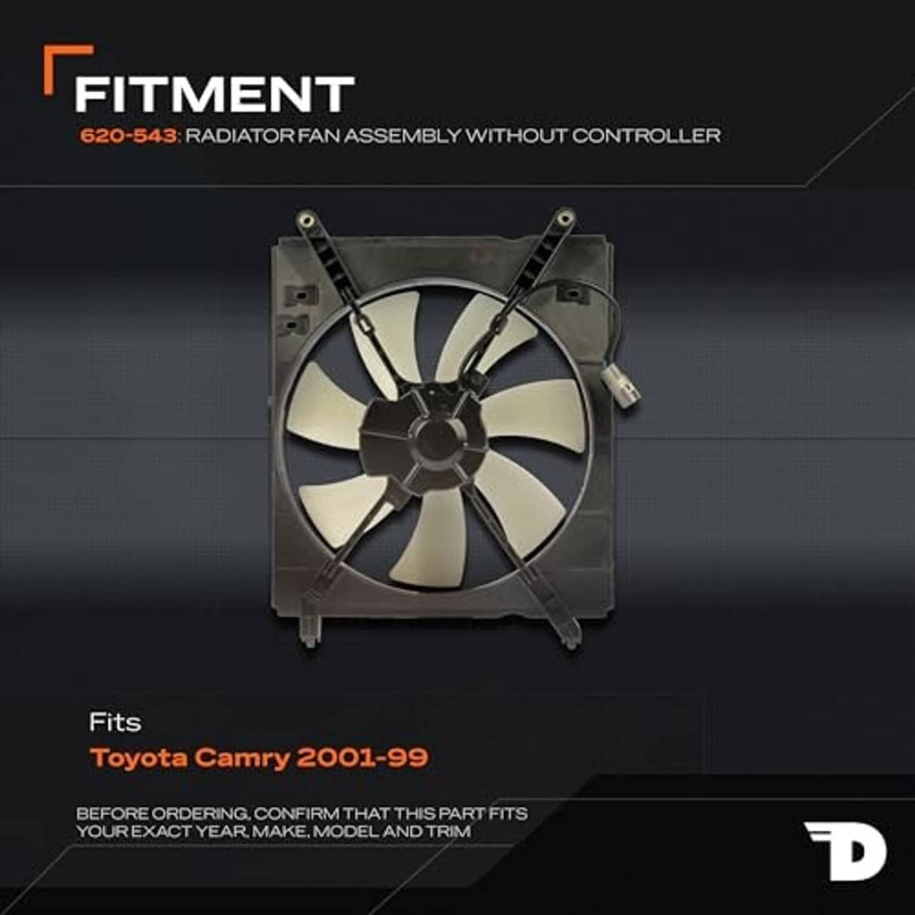 Radiator fan assembly in black mounting frame with wiring harness and connector