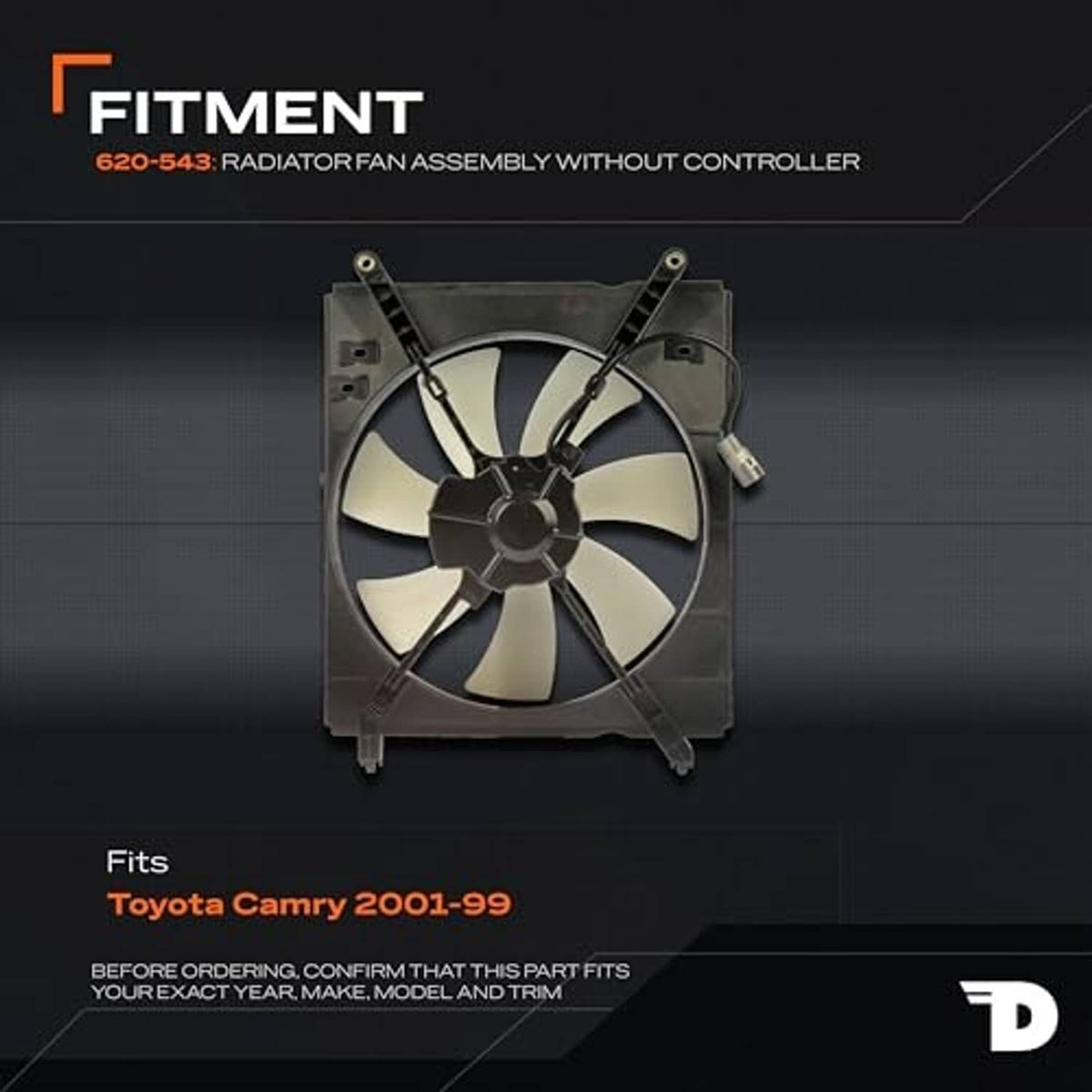 Radiator fan assembly in black mounting frame with wiring harness and connector