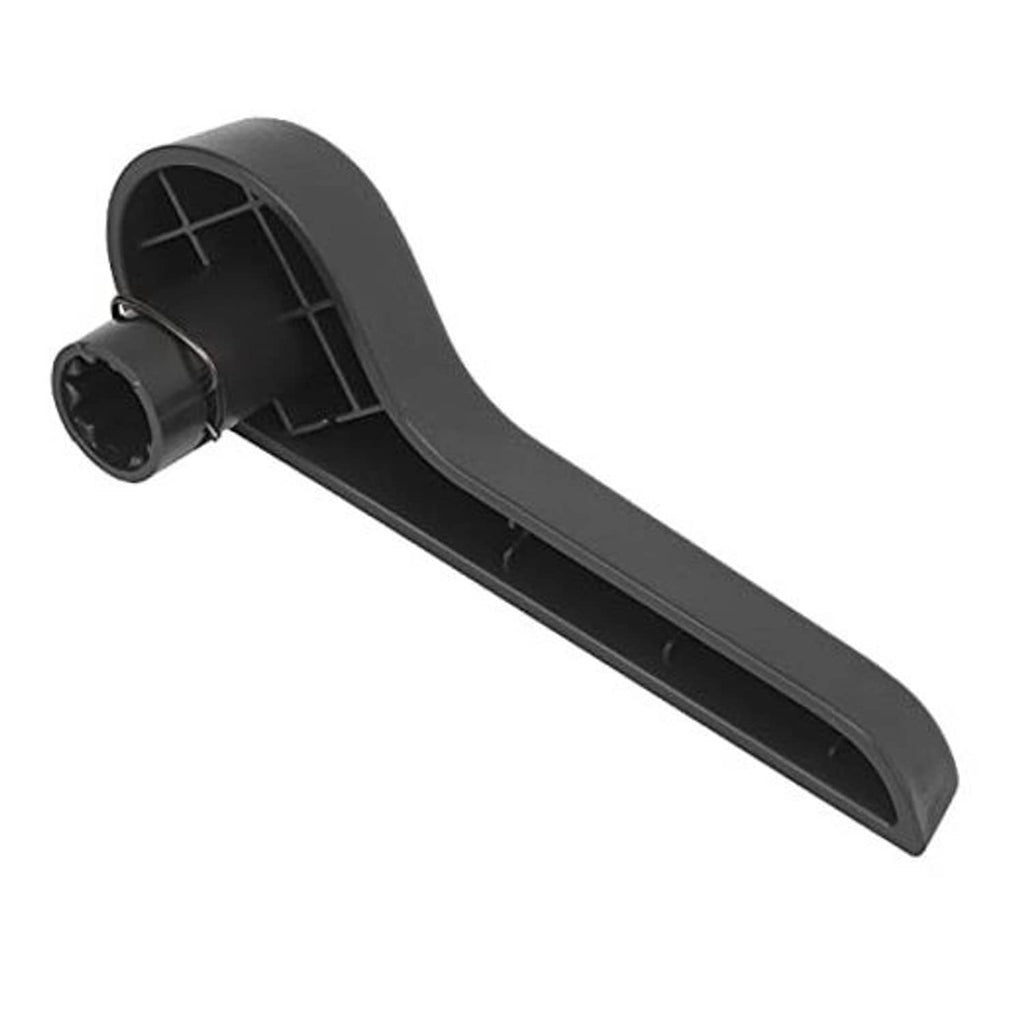 Black left front seat recliner handle with circular mounting end and textured grip
