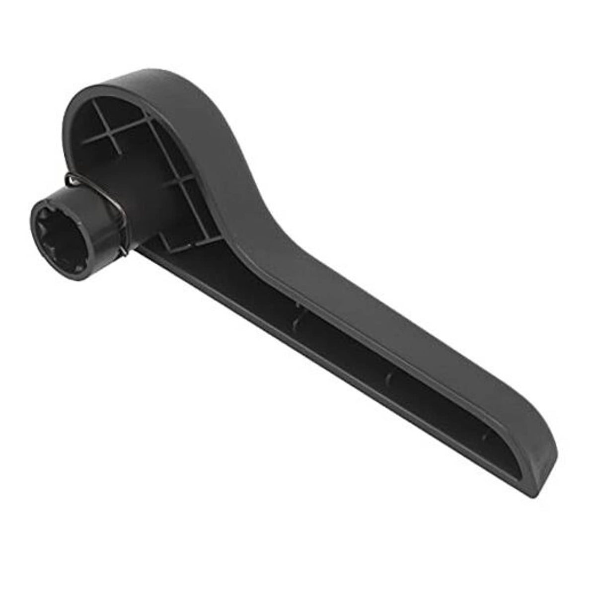 Black left front seat recliner handle with circular mounting end and textured grip