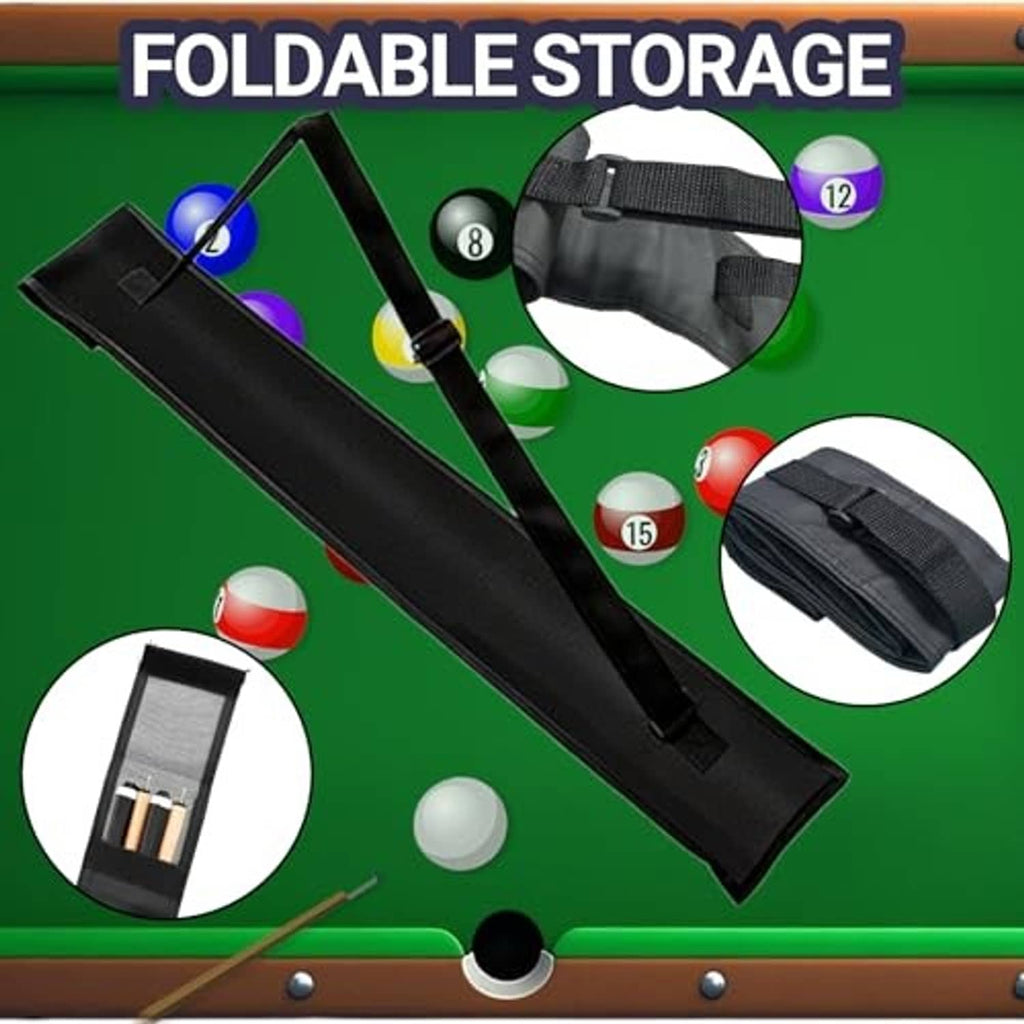 Black foldable pool cue case with two slots and adjustable strap for 2 cues