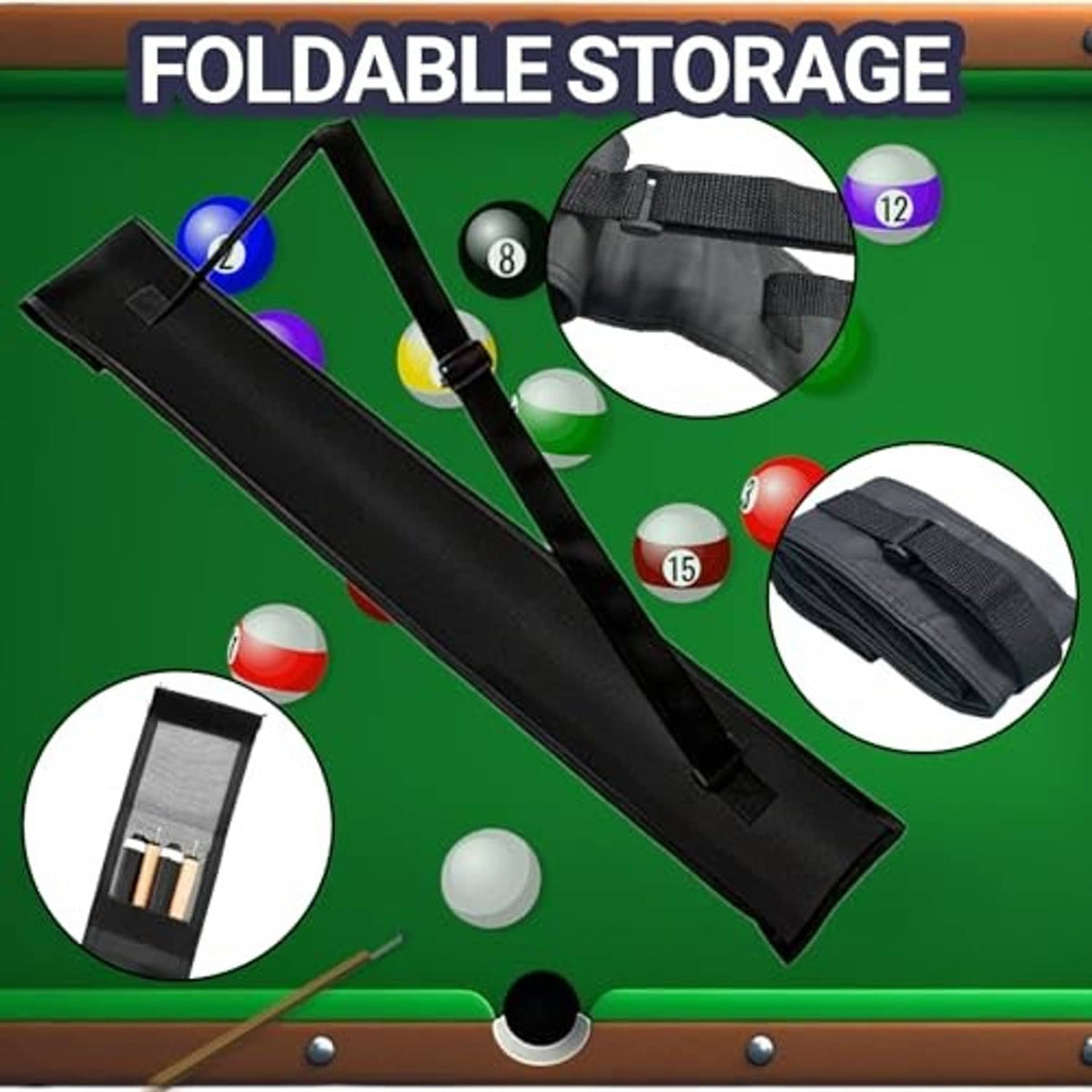 Black foldable pool cue case with two slots and adjustable strap for 2 cues