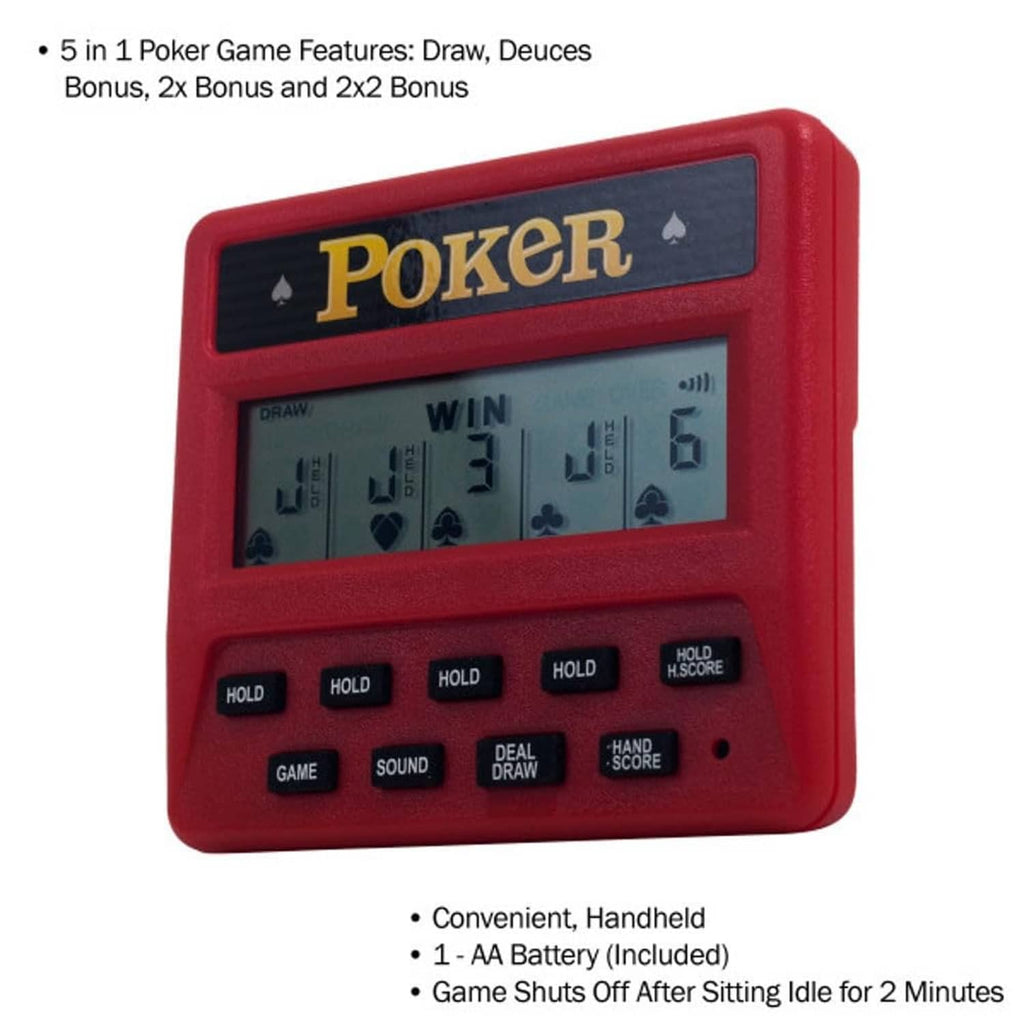 Red handheld poker game with LCD screen, hold buttons, and sound and deal keys.
