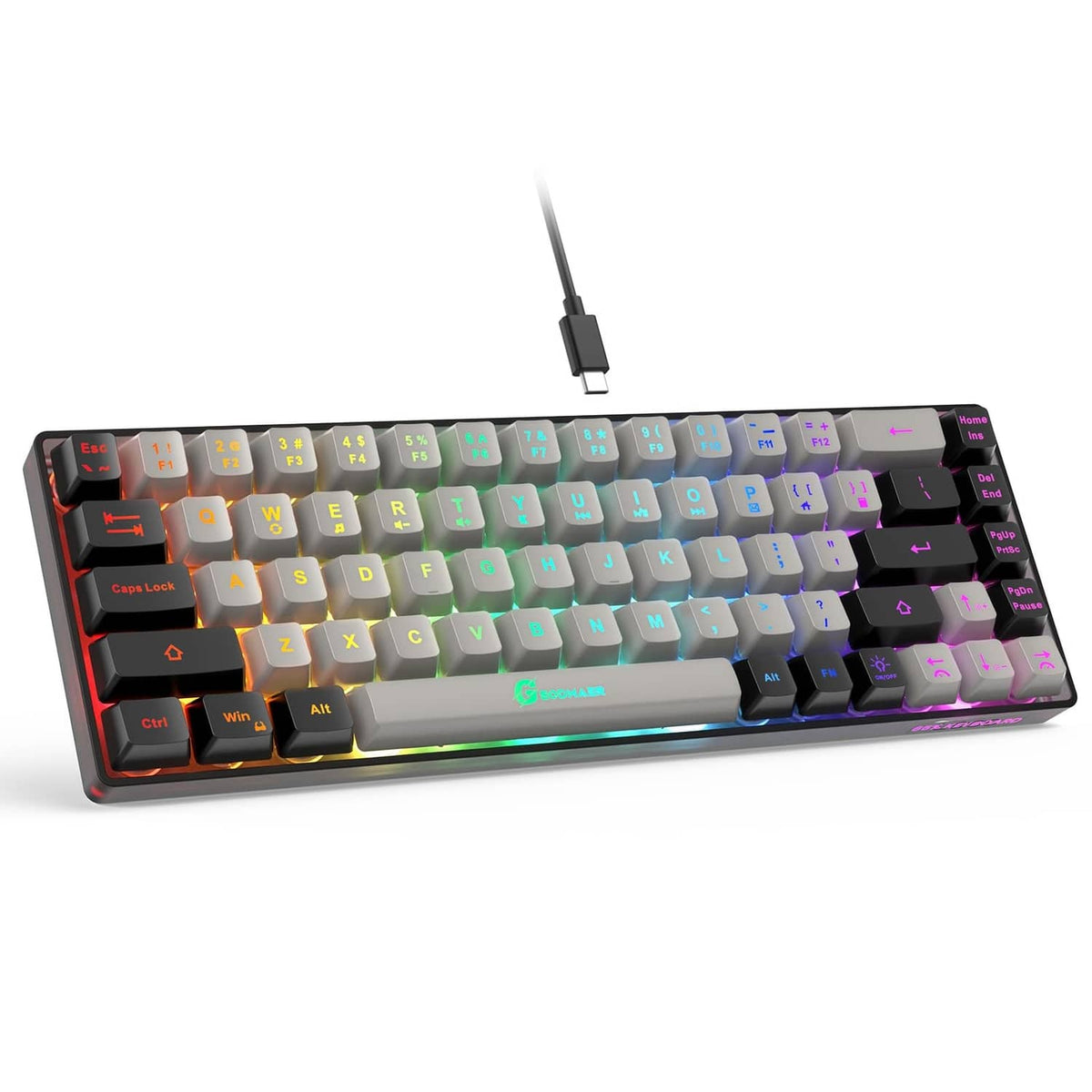 Wired mini gaming keyboard, grey and black, RGB backlit keys with multicolor accents