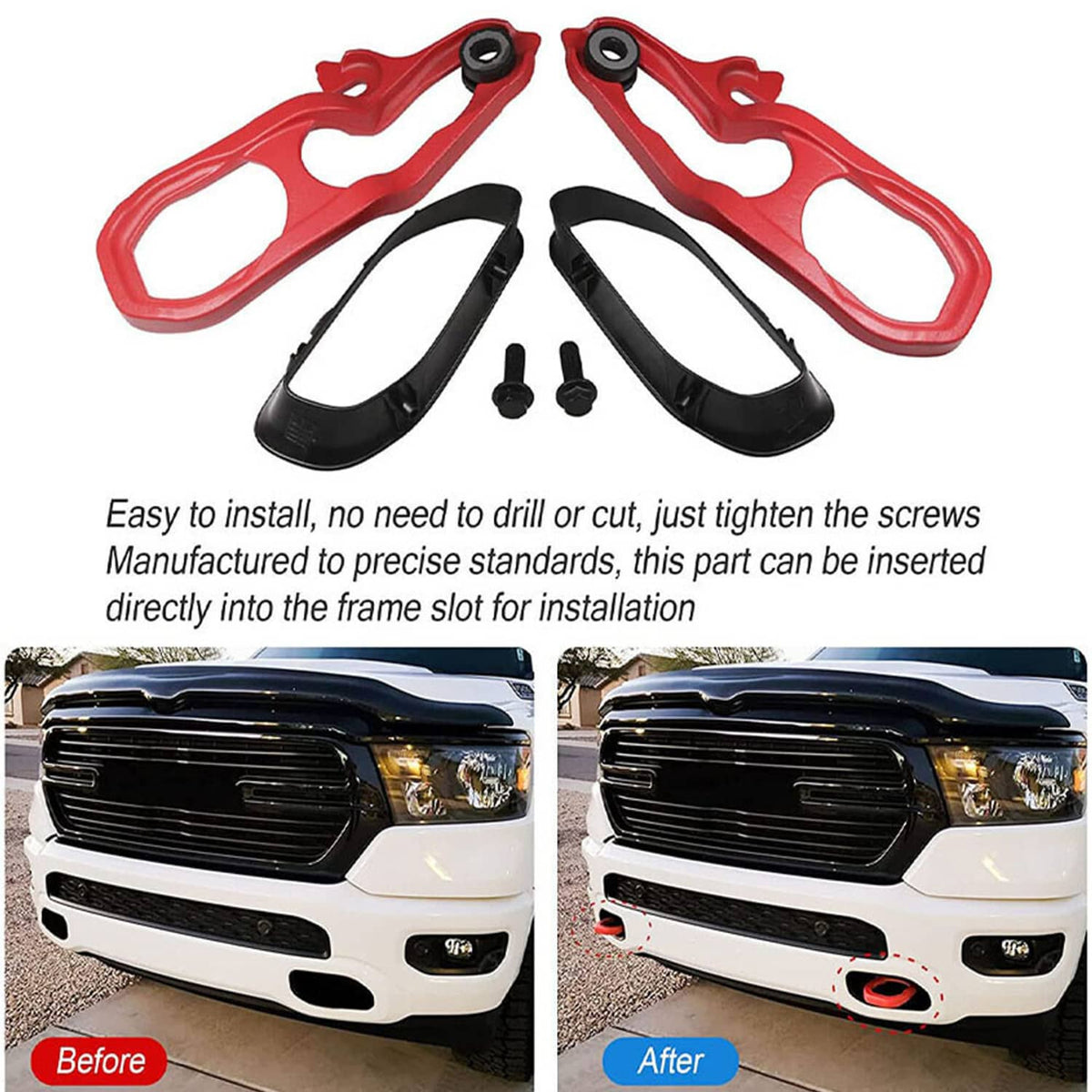 Red tow hooks with black mounting brackets and hardware set