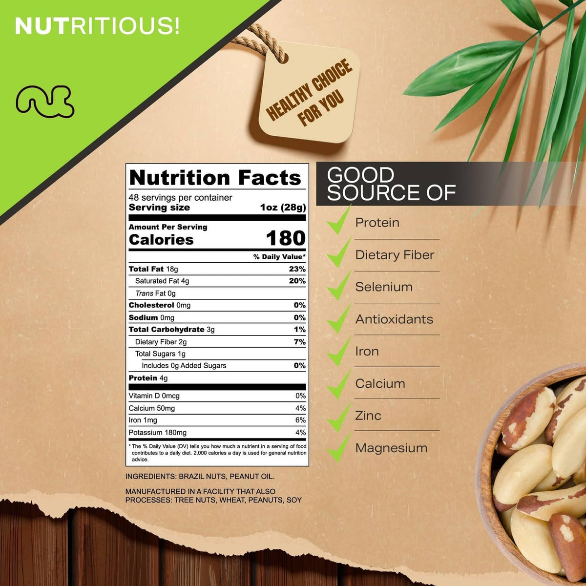 Roasted Brazil nuts nutrition facts panel with nuts and pieces