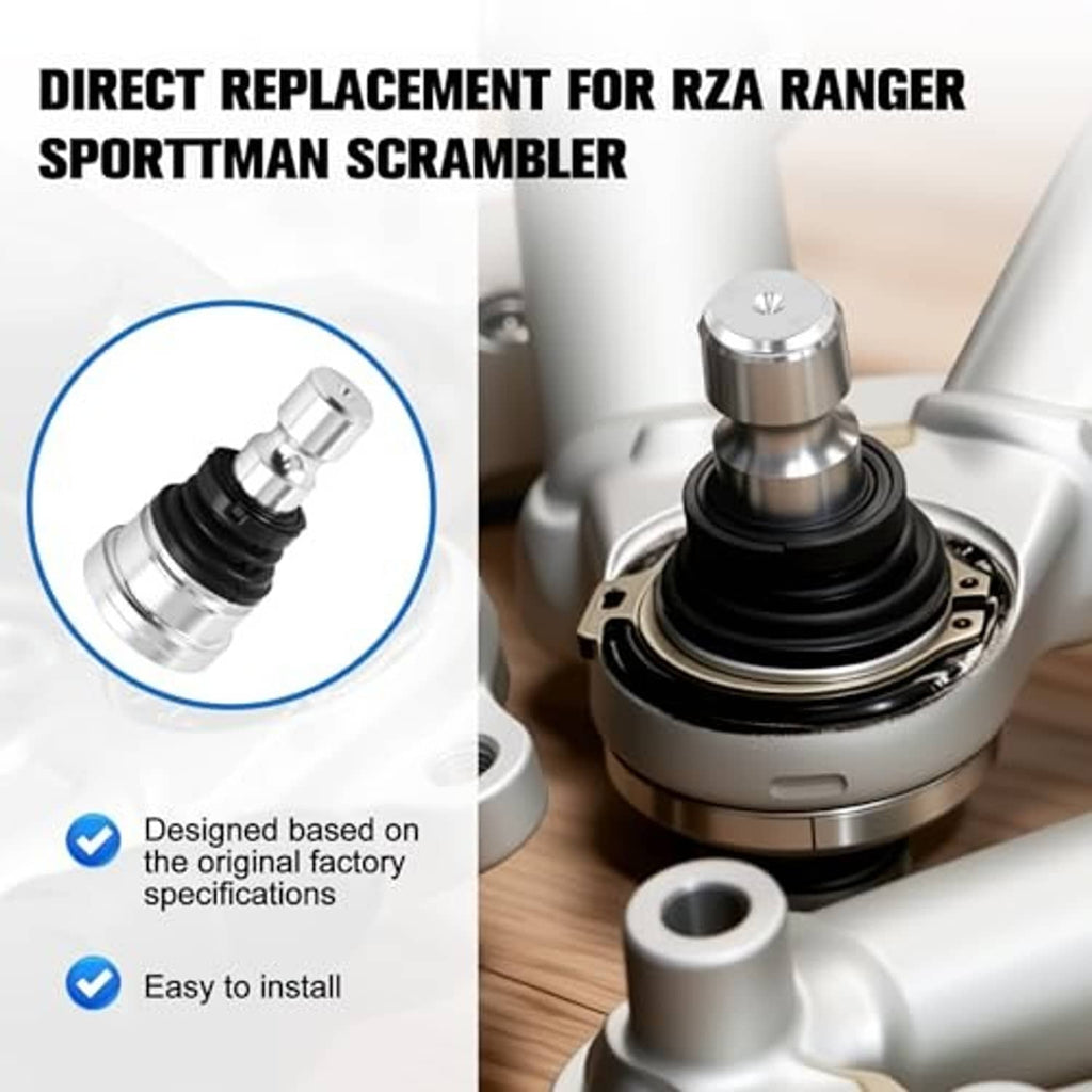 Ball joint replacement part shown mounted, silver housing with black rubber boot