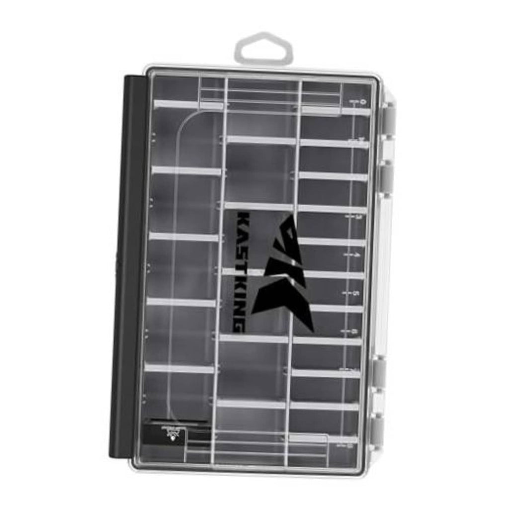HyperSeal waterproof black tackle box with clear lid and organized internal divider grid.